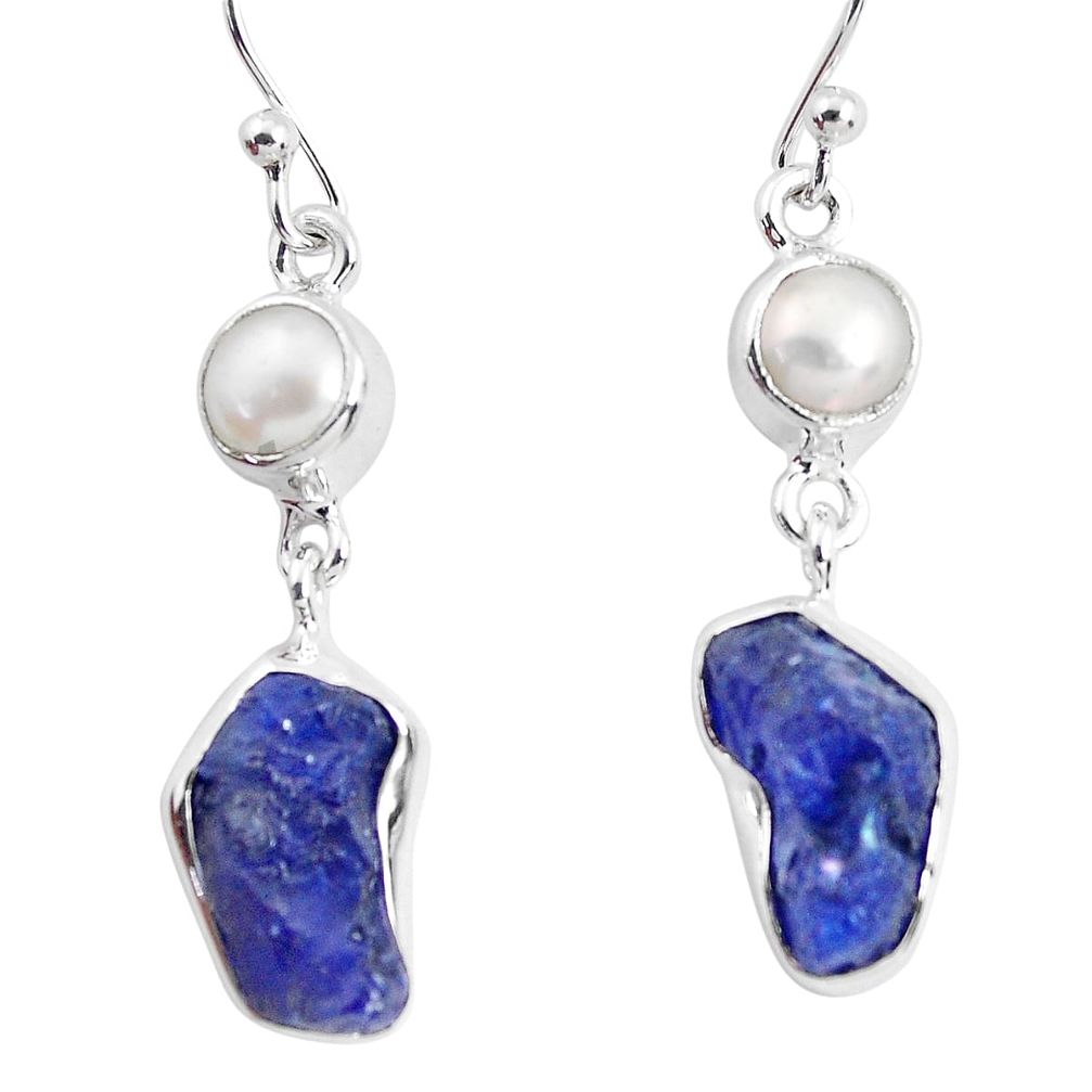 12.83cts natural blue sapphire rough pearl 925 silver dangle earrings p51850