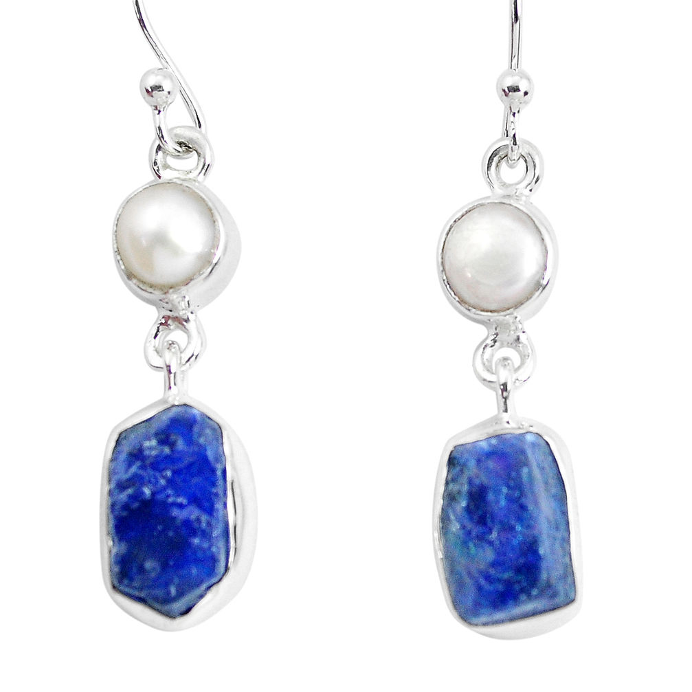 12.36cts natural blue sapphire rough pearl 925 silver dangle earrings p51855