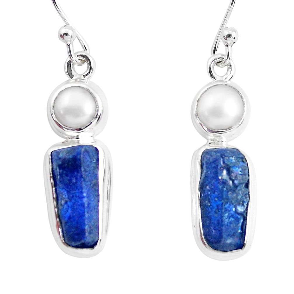 14.12cts natural blue sapphire rough pearl 925 silver dangle earrings p51858