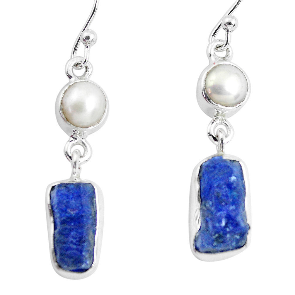 12.07cts natural blue sapphire rough pearl 925 silver dangle earrings p51859