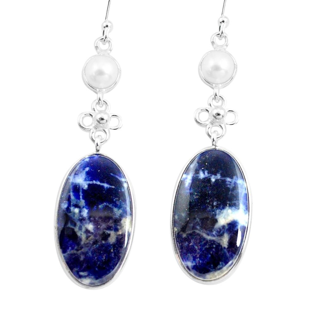 20.95cts natural blue sodalite pearl 925 sterling silver dangle earrings p78542