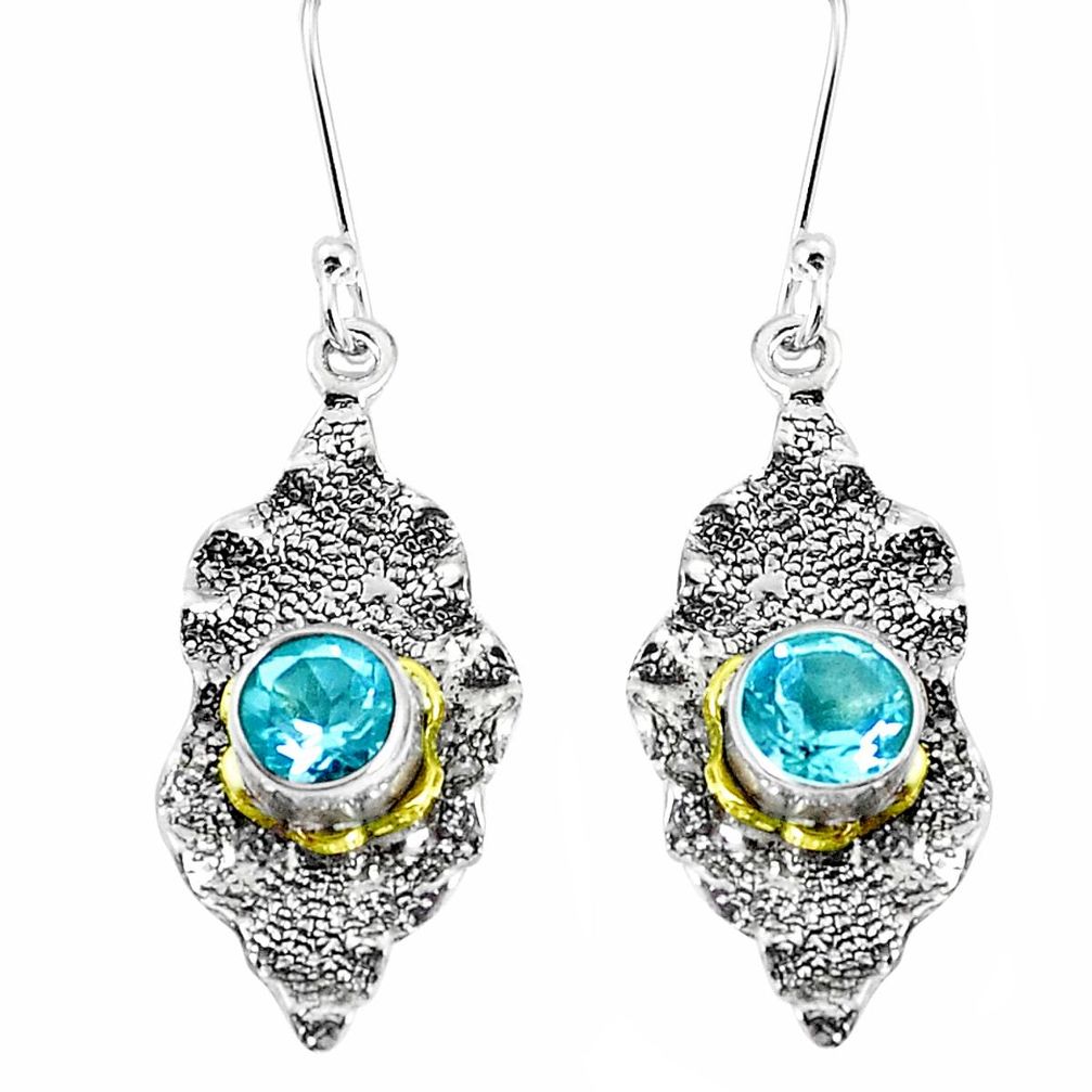 2.55cts natural blue topaz 925 sterling silver 14k gold dangle earrings p50221