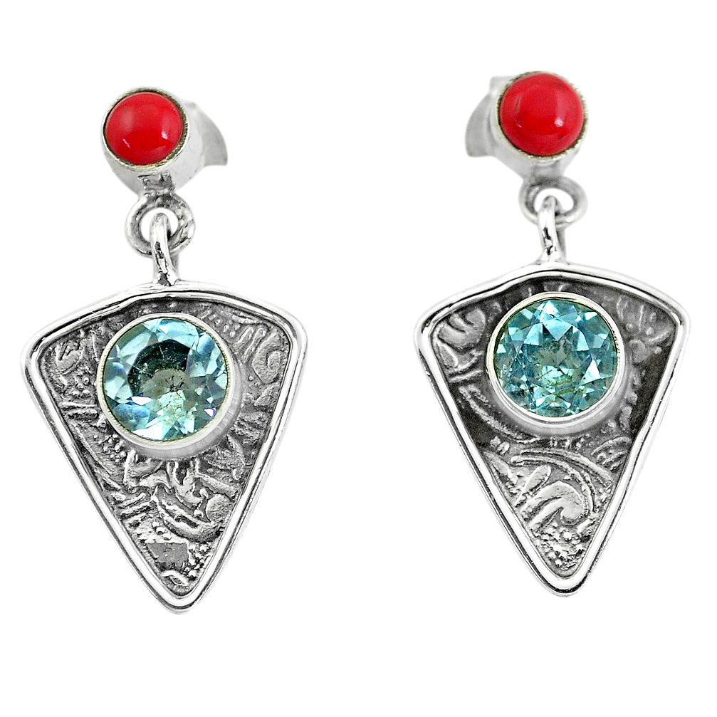 4.70cts natural blue topaz coral 925 sterling silver dangle earrings p57583