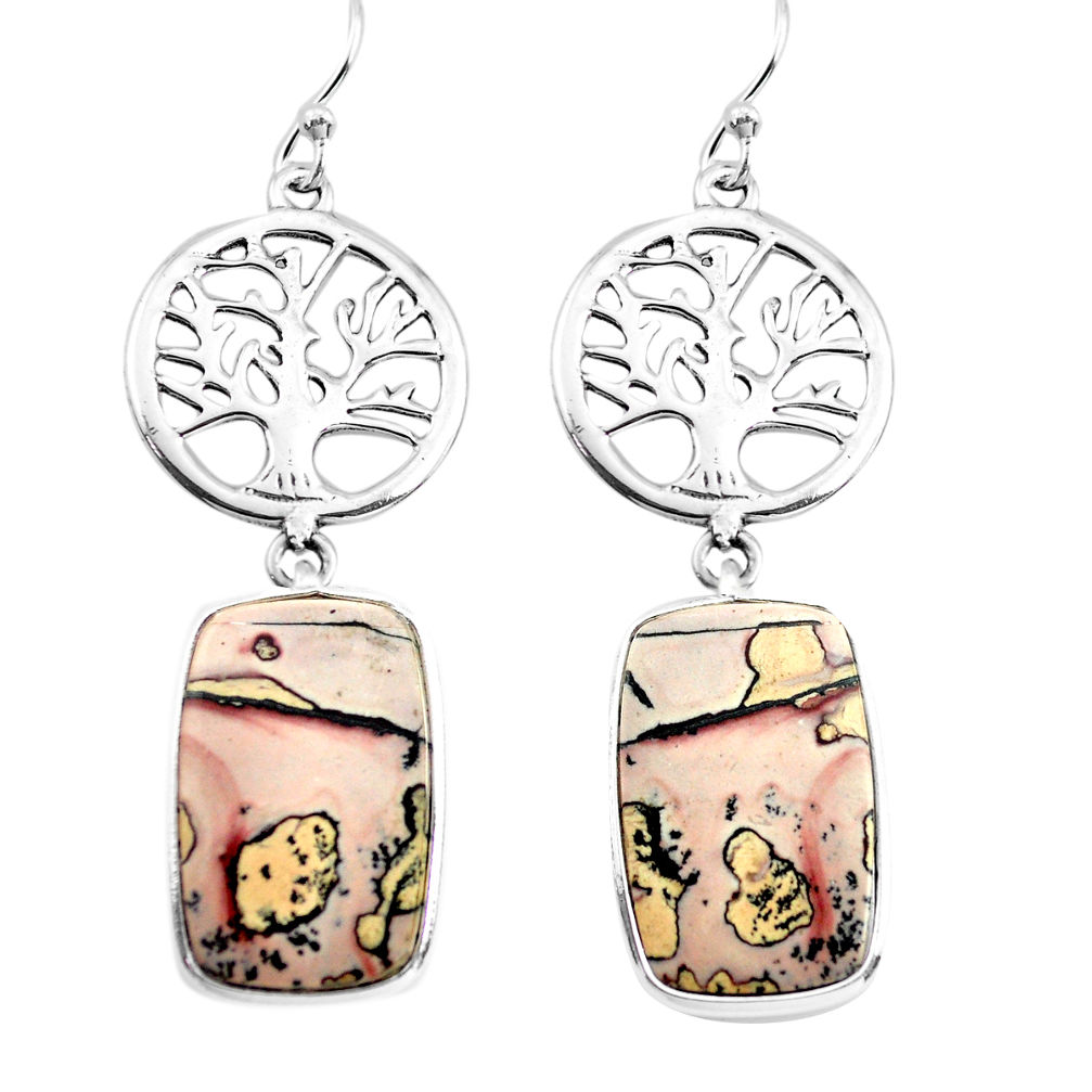 15.08cts natural brown coffee bean jasper silver tree of life earrings p72598