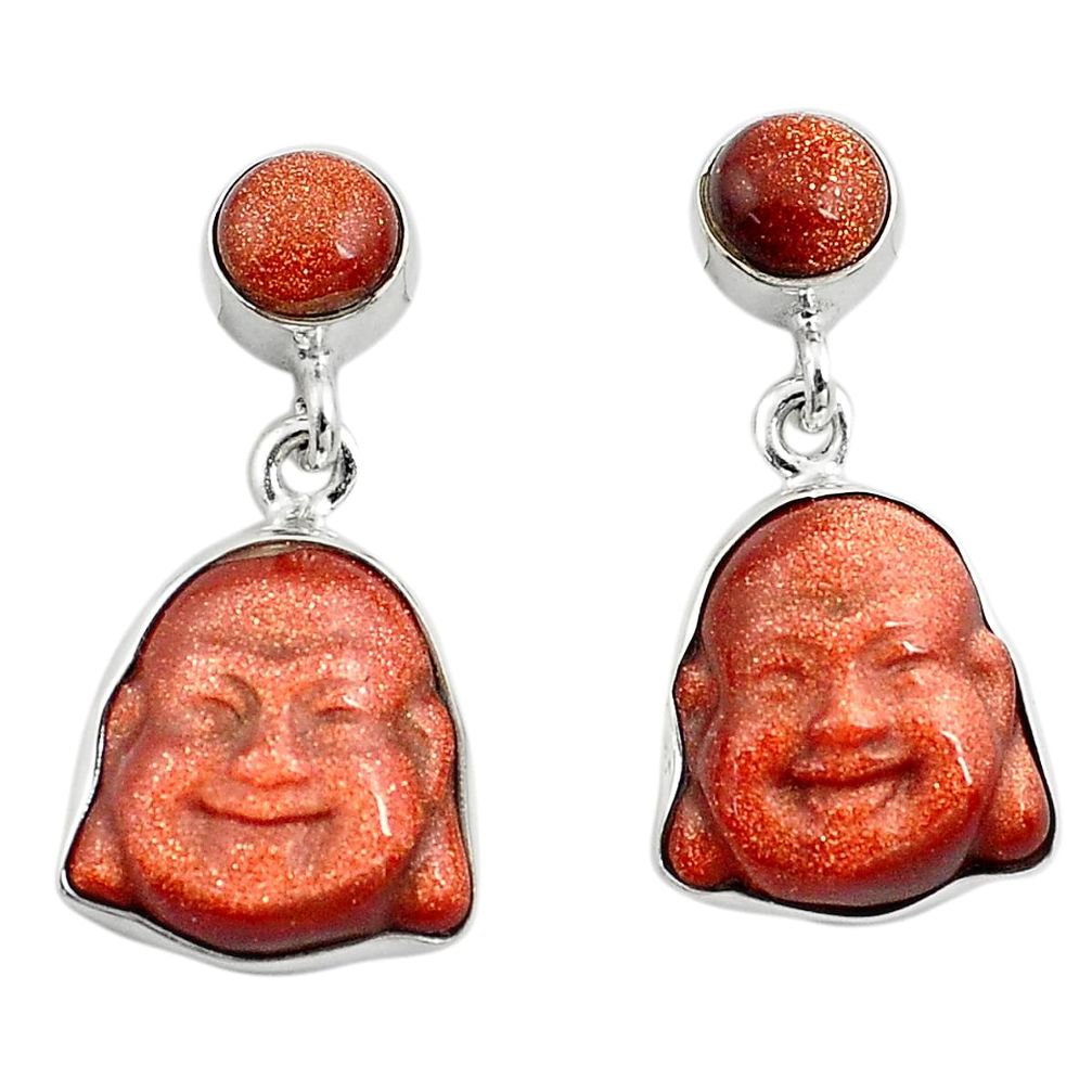 15.65cts natural brown goldstone 925 silver buddha charm earrings p78213