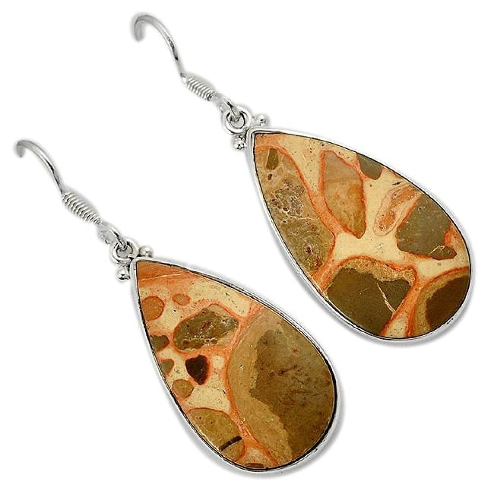 Natural brown rocky butte picture jasper pear 925 silver dangle earrings h71763