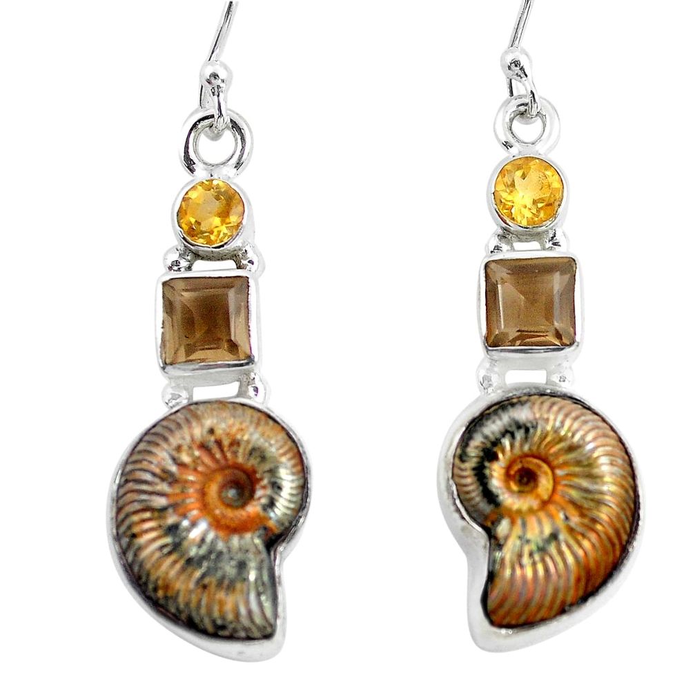 19.99cts natural brown russian jurassic opal ammonite 925 silver earrings p64702