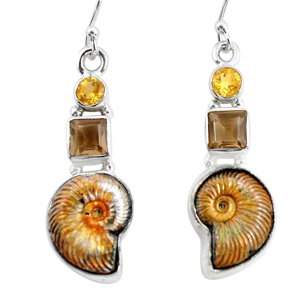 17.67cts natural brown russian jurassic opal ammonite 925 silver earrings p64704