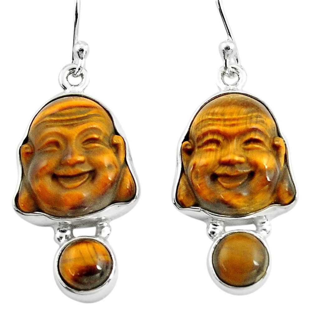 16.73cts natural brown tiger's eye 925 silver buddha charm earrings p78172