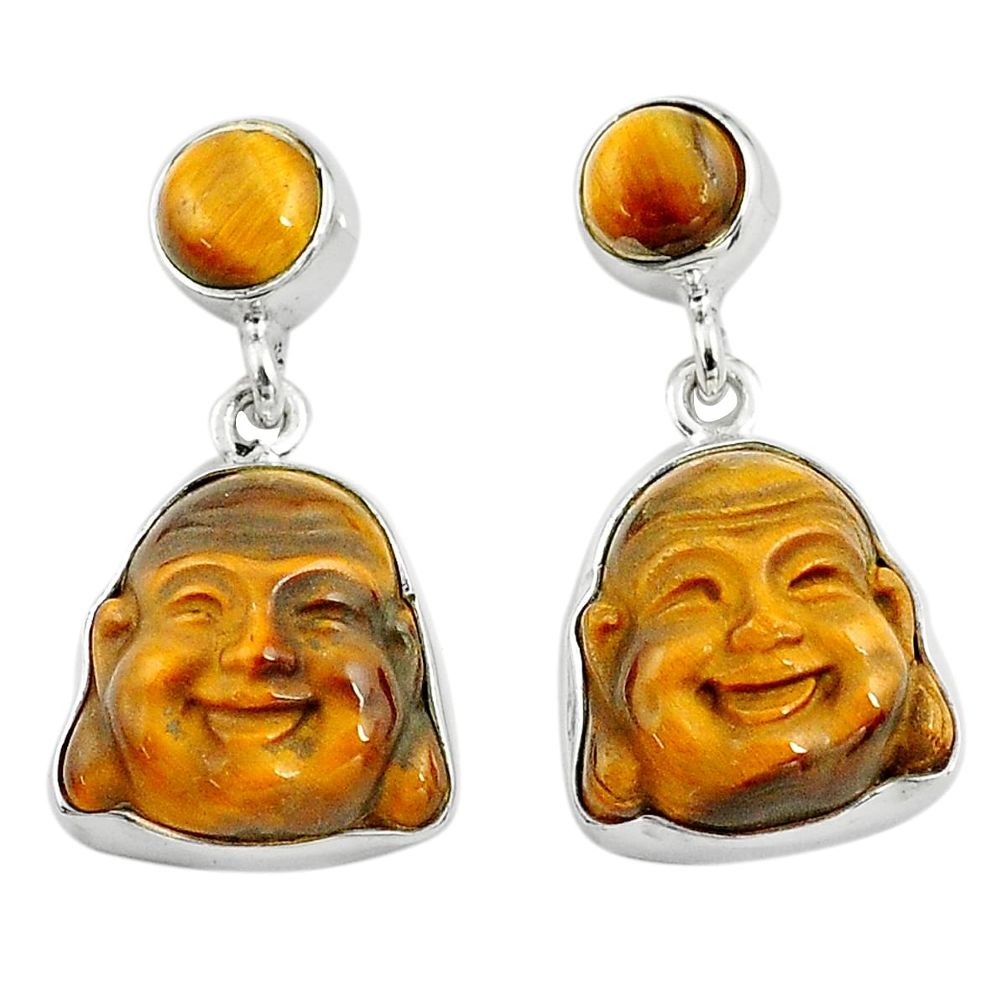 16.18cts natural brown tiger's eye 925 silver buddha charm earrings p78214