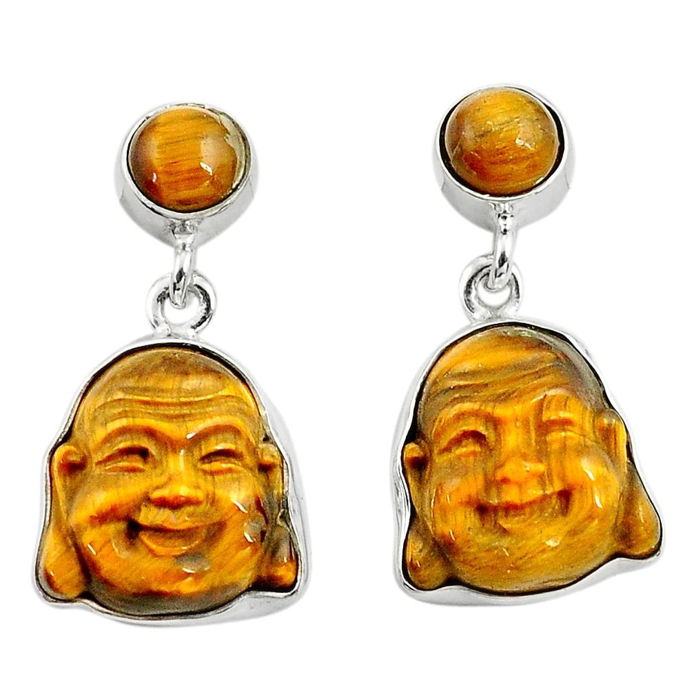 17.22cts natural brown tiger's eye 925 silver buddha charm earrings p78216