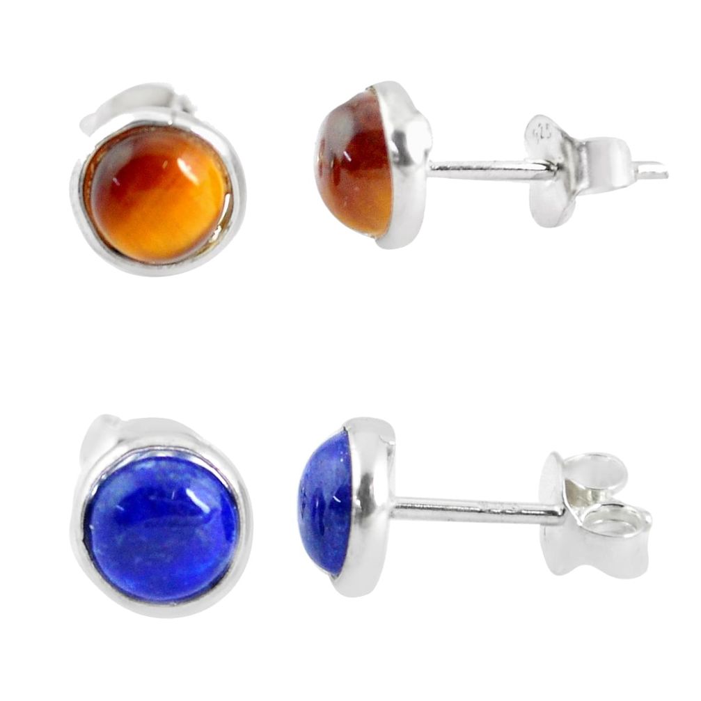 4.71cts natural brown tiger's eye lapis lazuli 925 silver stud earrings p48766