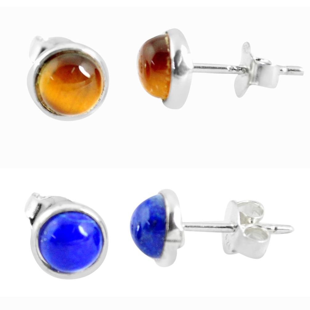 4.71cts natural brown tiger's eye lapis lazuli 925 silver stud earrings p48770