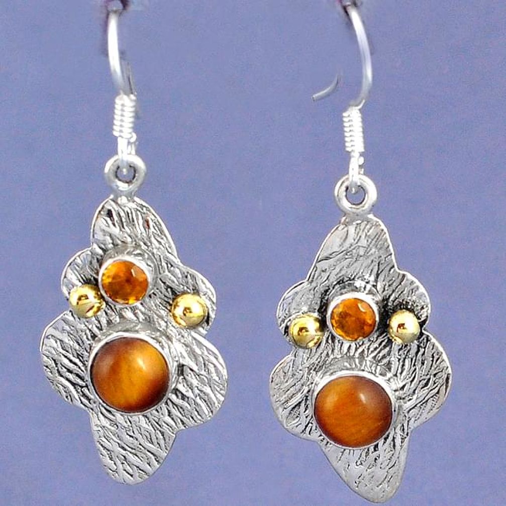 NATURAL BROWN TIGERS EYE 925 SILVER TWO TONE DANGLE EARRINGS JEWELRY G93841