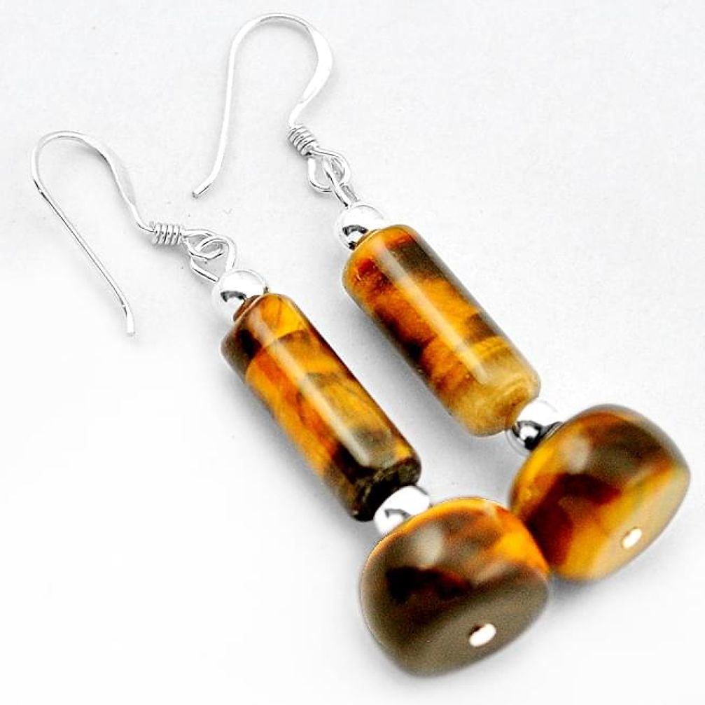 NATURAL BROWN TIGERS EYE 925 STERLING SILVER DANGLE EARRINGS JEWELRY H5016