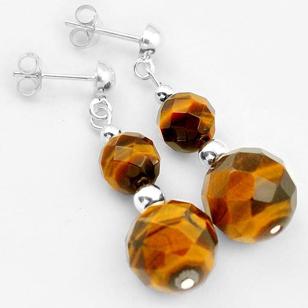 NATURAL BROWN TIGERS EYE 925 STERLING SILVER DANGLE EARRINGS JEWELRY H5171