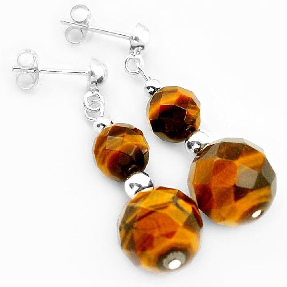 NATURAL BROWN TIGERS EYE BEADS SHAPE 925 SILVER DANGLE EARRINGS JEWELRY H5017
