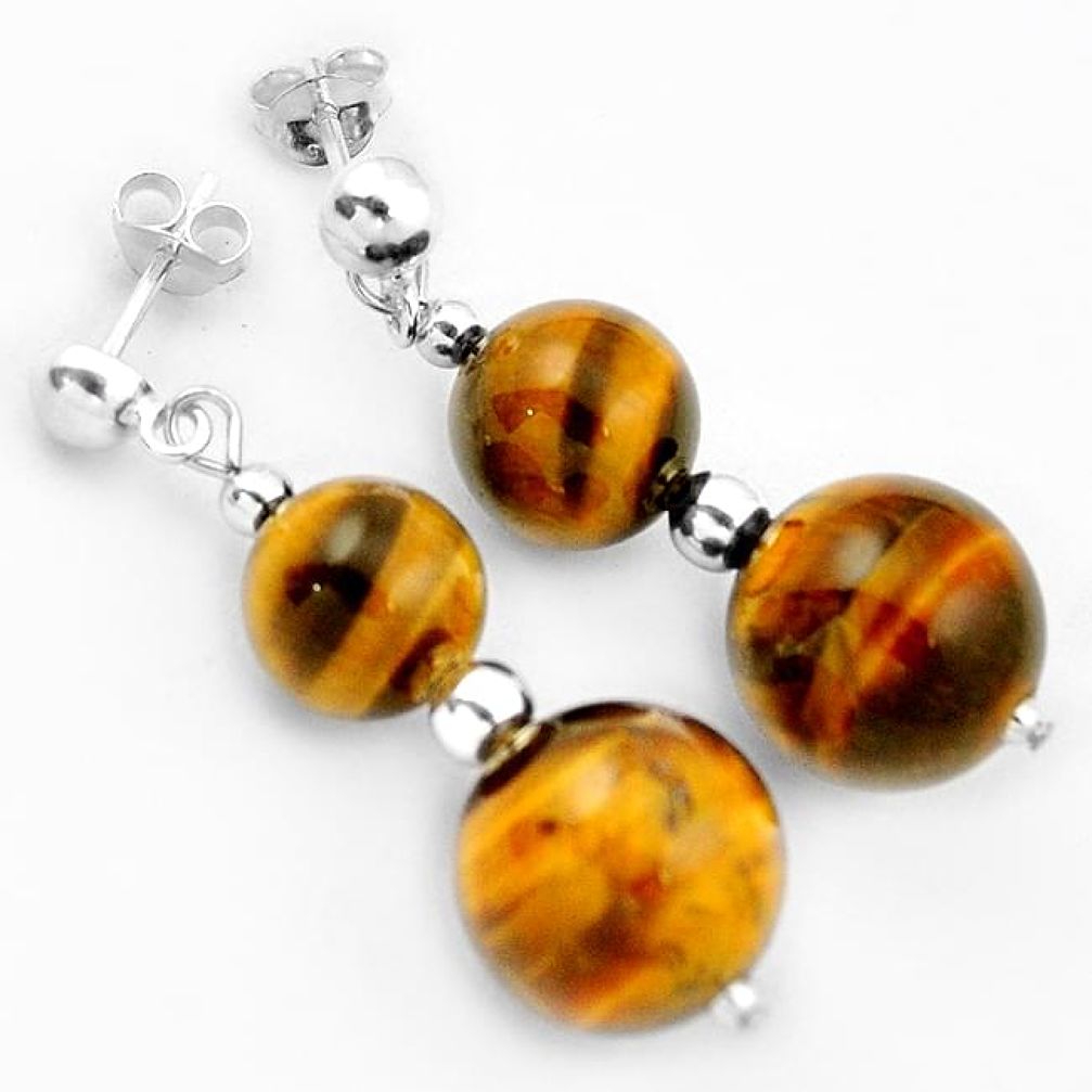 NATURAL BROWN TIGERS EYE ROUND 925 STERLING SILVER DANGLE EARRINGS JEWELRY H5013