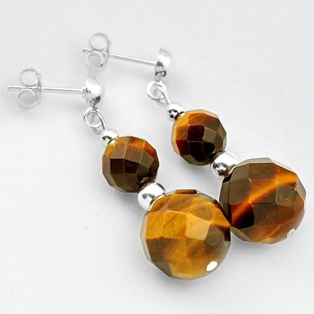 NATURAL BROWN TIGERS EYE ROUND SHAPE 925 SILVER DANGLE EARRINGS JEWELRY H5172