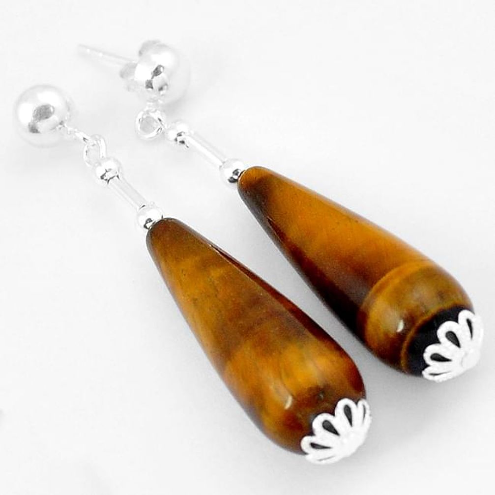 NATURAL BROWN TIGERS EYE TEARDROP 925 STERLING SILVER DANGLE EARRINGS H5177