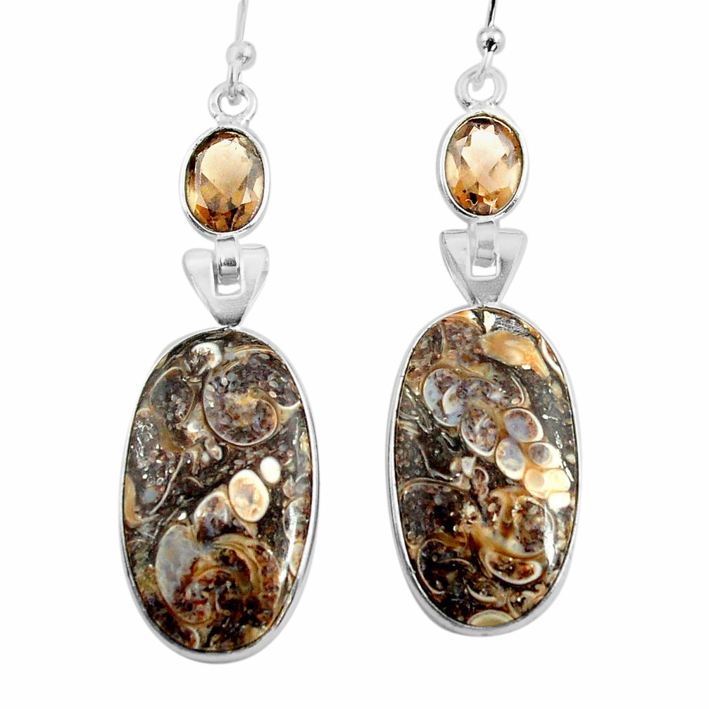 16.71cts natural brown turritella fossil snail agate 925 silver earrings p78650