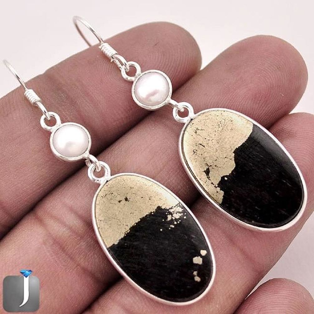 22.83cts NATURAL GOLDEN BLACK PYRITE PEARL 925 SILVER DANGLE EARRINGS E96541