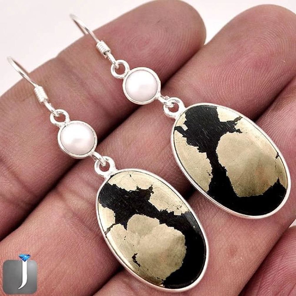 24.21cts NATURAL GOLDEN BLACK PYRITE PEARL 925 SILVER DANGLE EARRINGS E96542