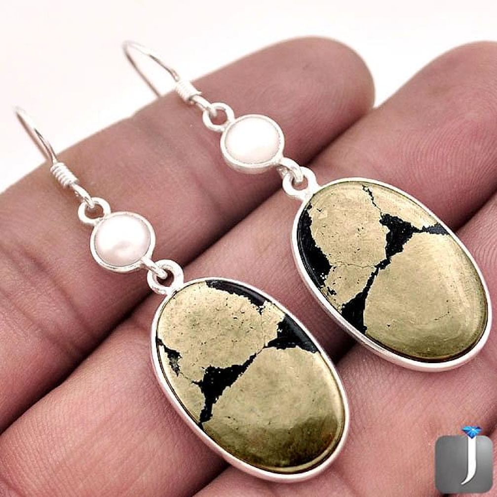 29.51cts NATURAL GOLDEN BLACK PYRITE PEARL 925 SILVER DANGLE EARRINGS F4541