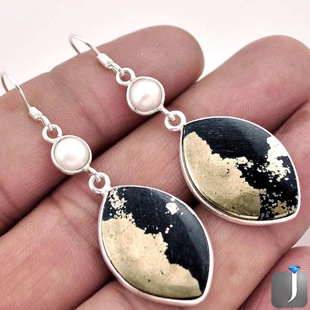 26.52cts NATURAL GOLDEN BLACK PYRITE PEARL 925 SILVER DANGLE EARRINGS F4542