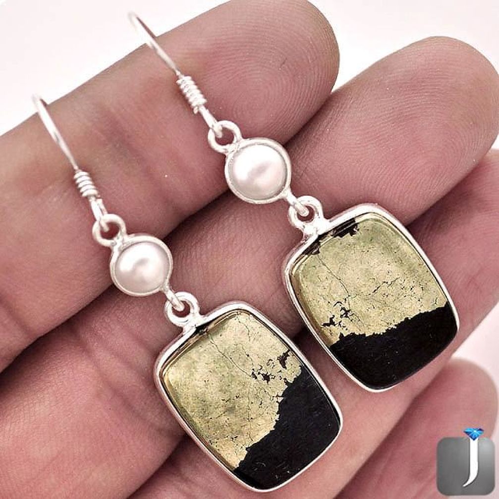 25.79cts NATURAL GOLDEN BLACK PYRITE PEARL 925 SILVER DANGLE EARRINGS F4546