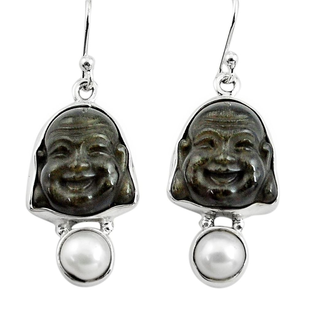 16.20cts natural golden sheen black obsidian 925 silver buddha earrings p78142