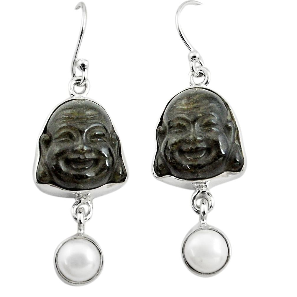 16.73cts natural golden sheen black obsidian 925 silver buddha earrings p78150