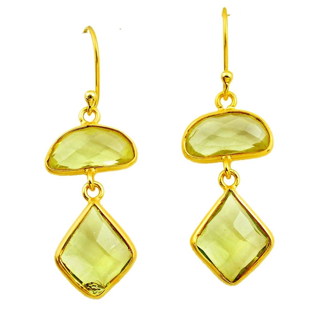 11.86cts natural green amethyst 925 silver 14k gold dangle earrings p75849