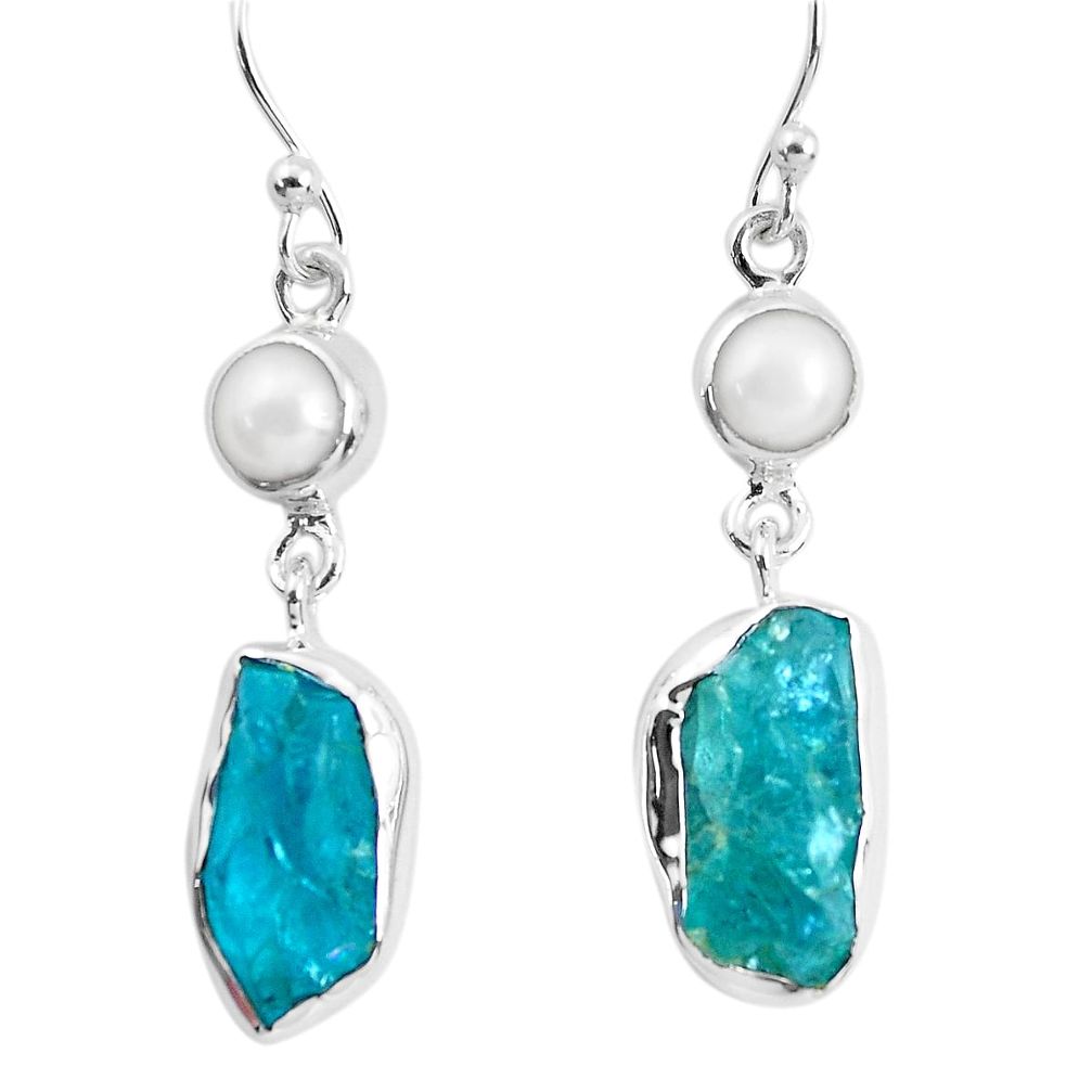 13.79cts natural green apatite rough pearl 925 silver dangle earrings p51748