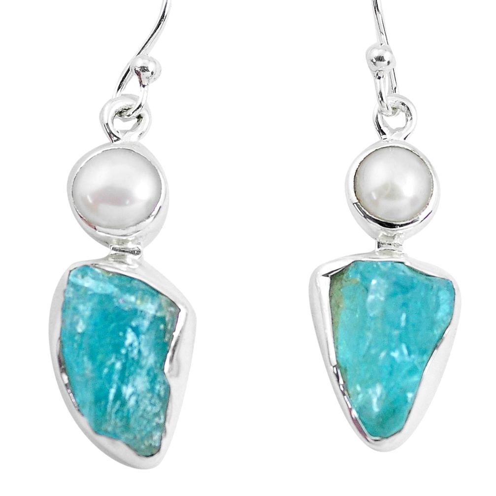 12.96cts natural green apatite rough pearl 925 silver dangle earrings p51863