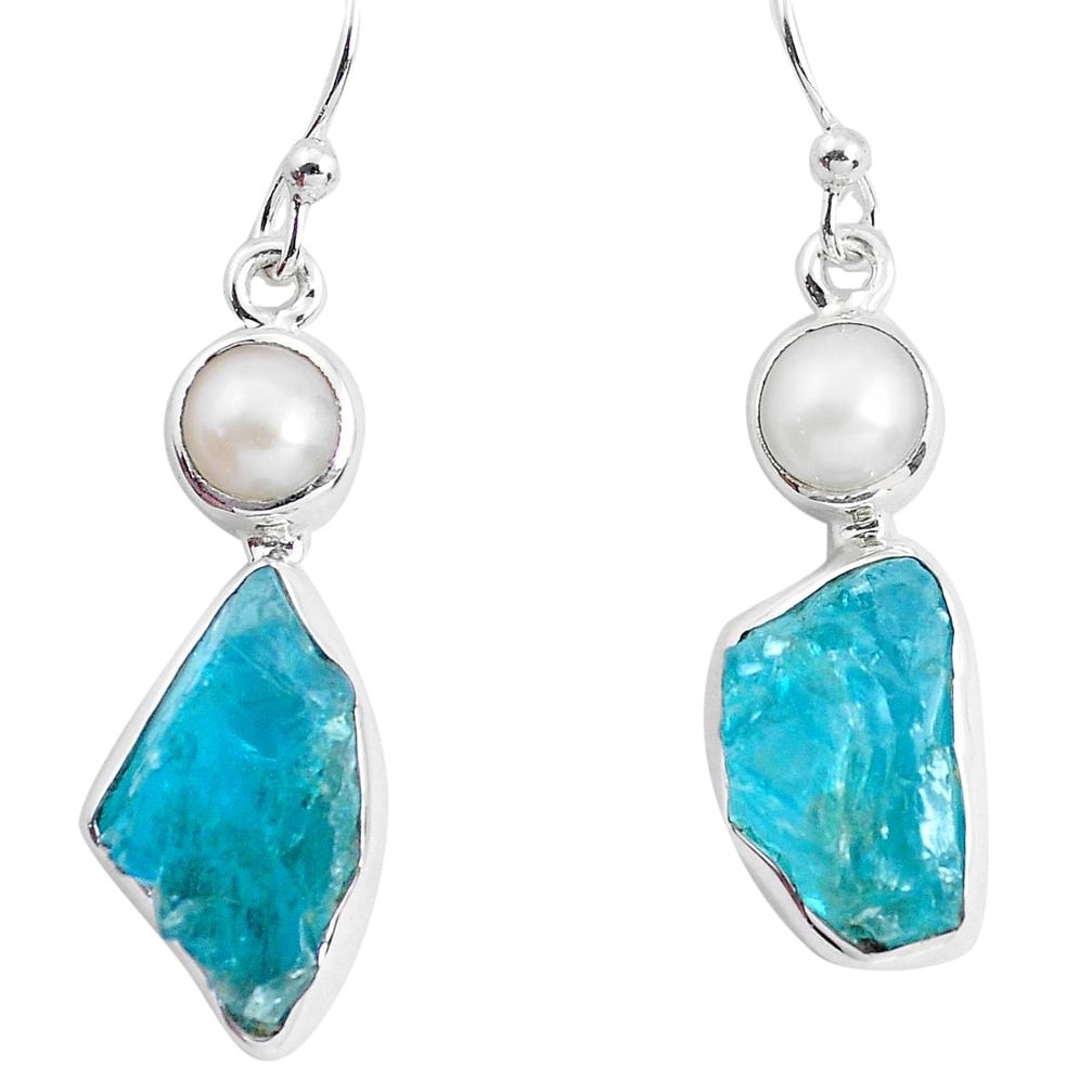 13.84cts natural green apatite rough pearl 925 silver dangle earrings p51865