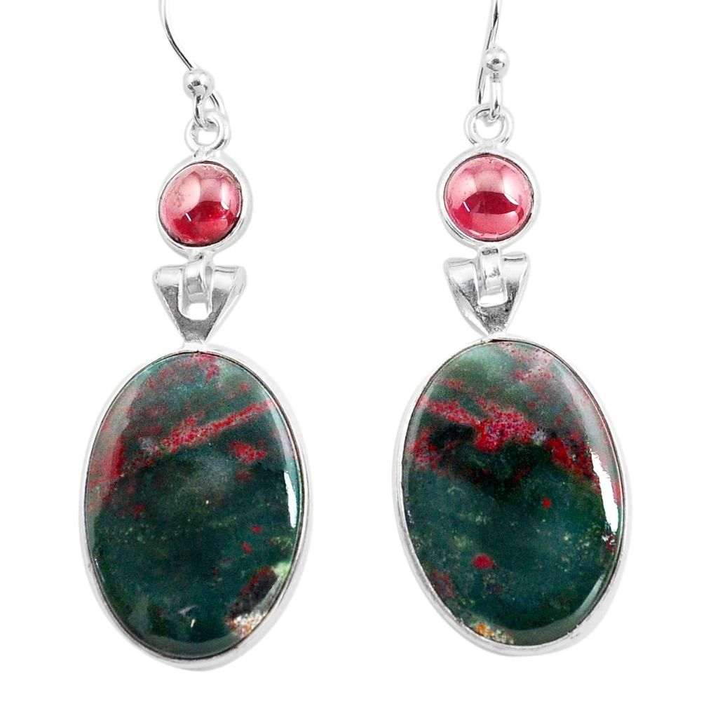 19.09cts natural green bloodstone african (heliotrope) silver earrings p78688