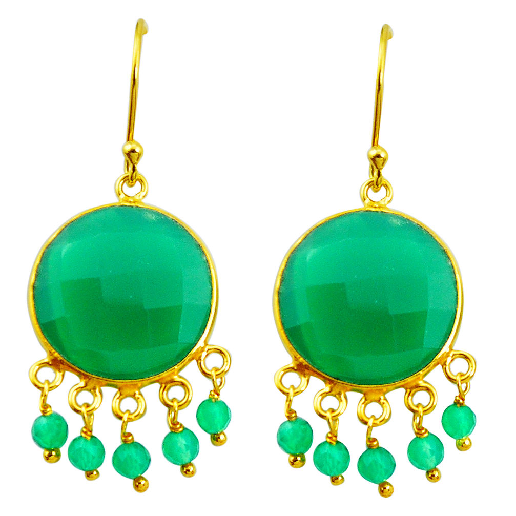 21.06cts natural green chalcedony 925 silver 14k gold dangle earrings p50081