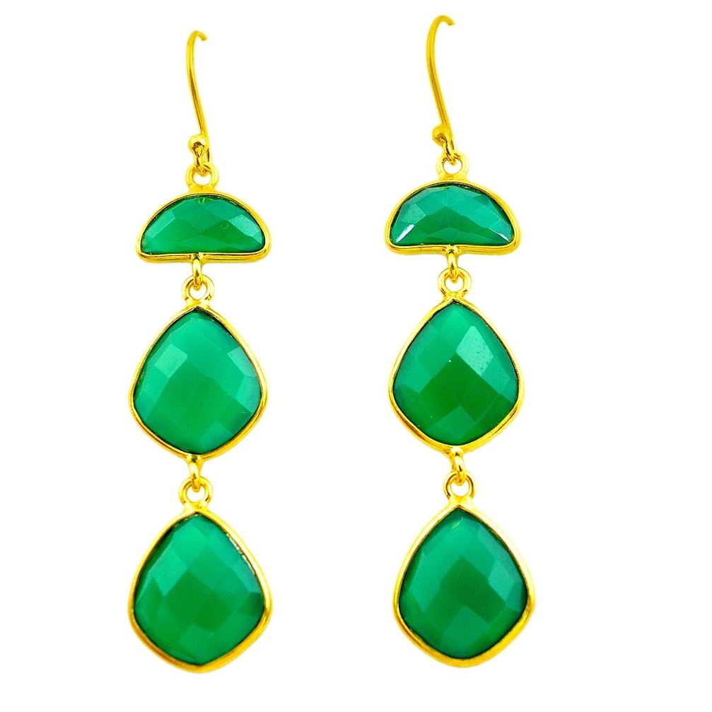 24.61cts natural green chalcedony 925 silver 14k gold dangle earrings p75270