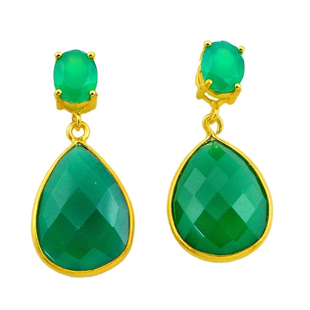 21.28cts natural green chalcedony 925 silver 14k gold dangle earrings p75289