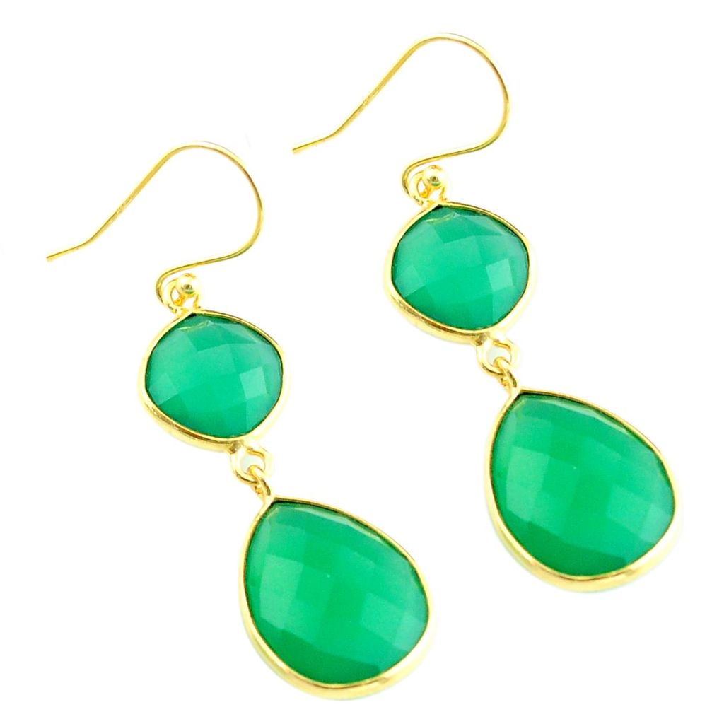 20.40cts natural green chalcedony 925 silver 14k gold dangle earrings p75510