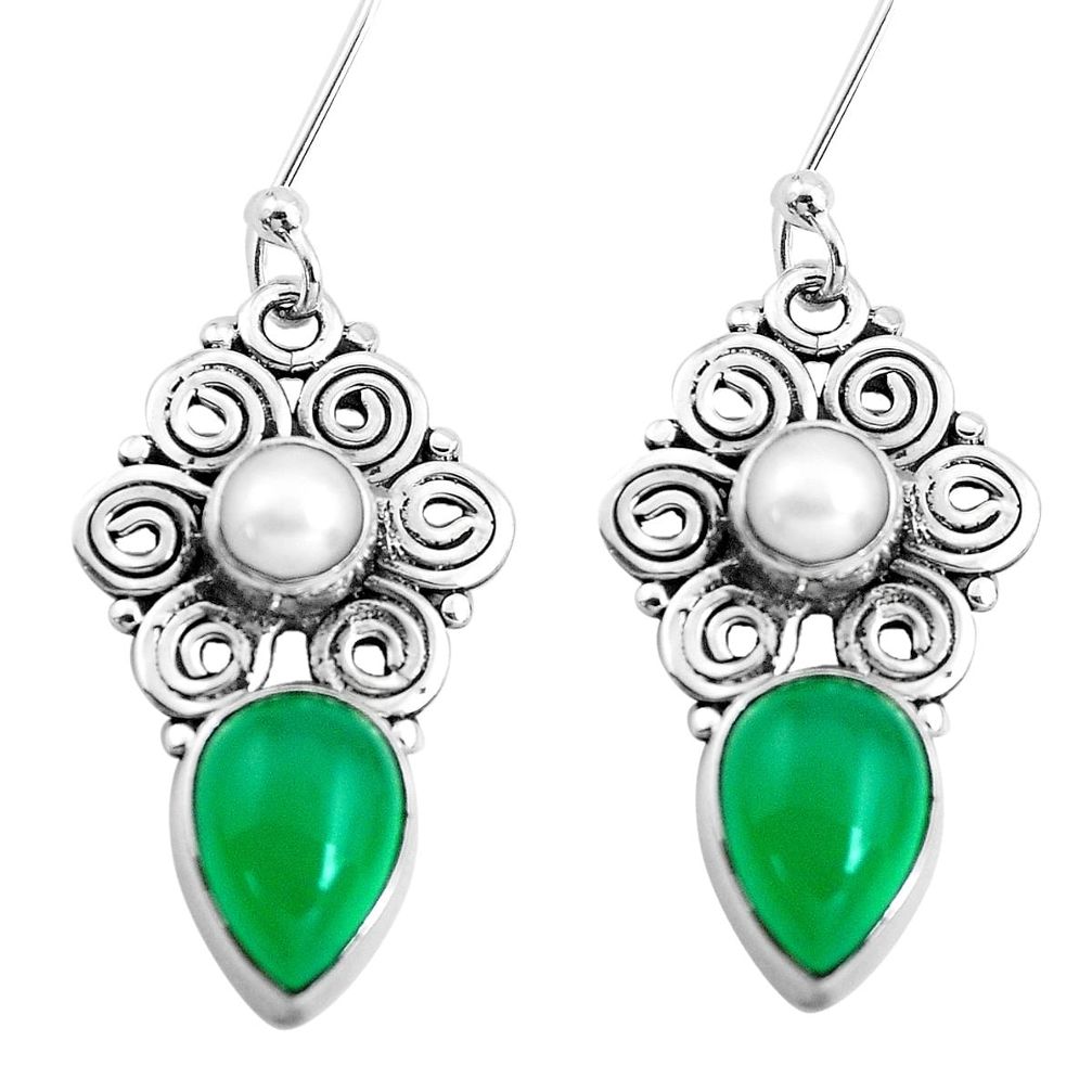 8.31cts natural green chalcedony pearl 925 silver dangle earrings p41286