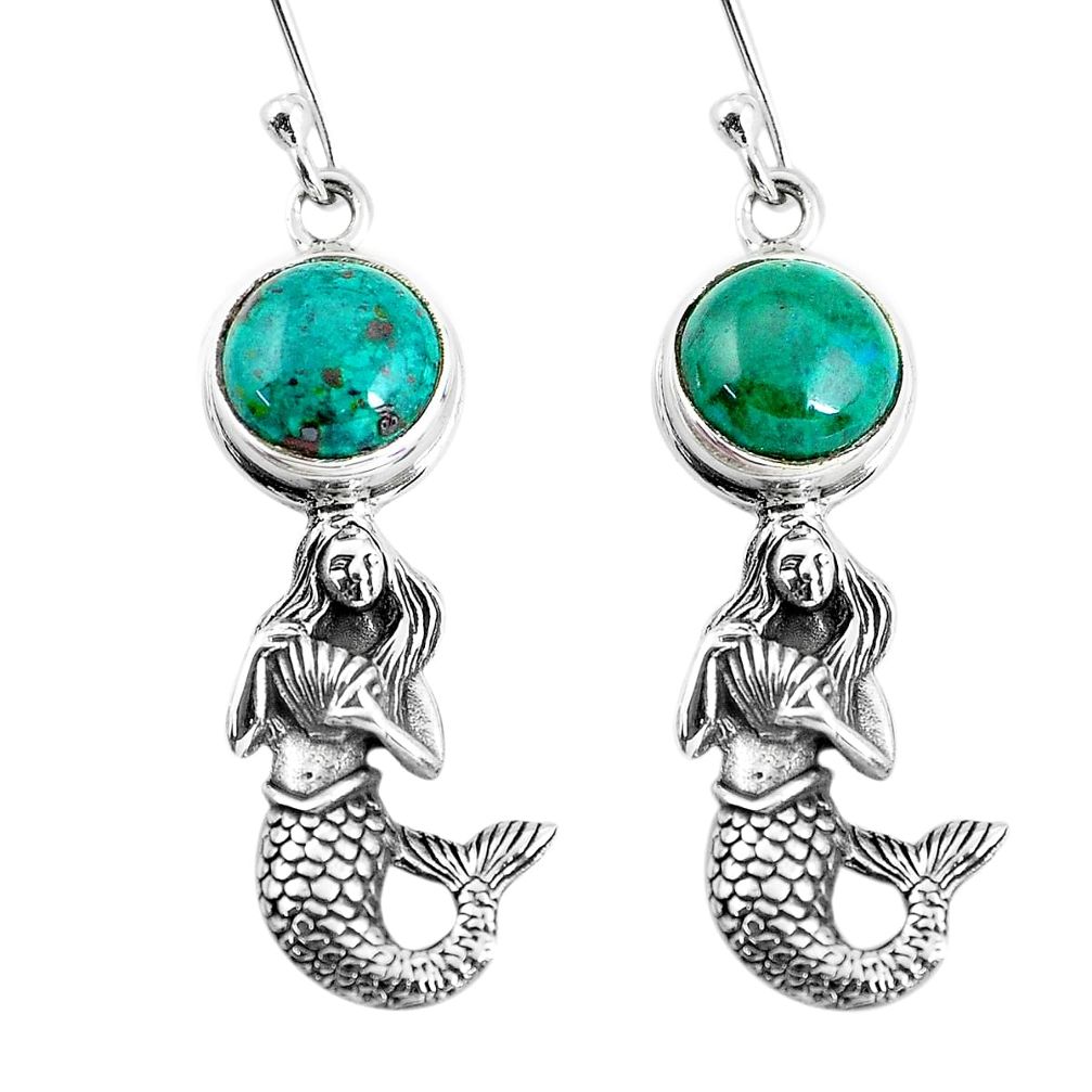 6.53cts natural green chrysocolla 925 silver fairy mermaid earrings p55465