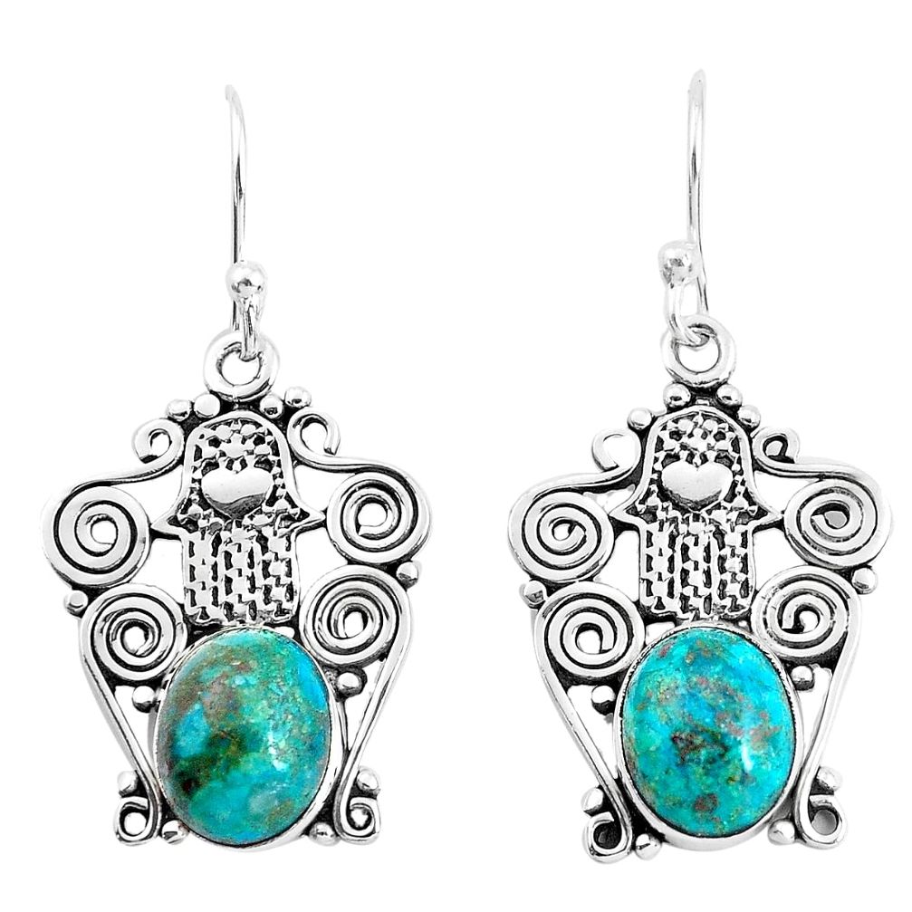 8.22cts natural green chrysocolla 925 silver hand of god hamsa earrings p52239