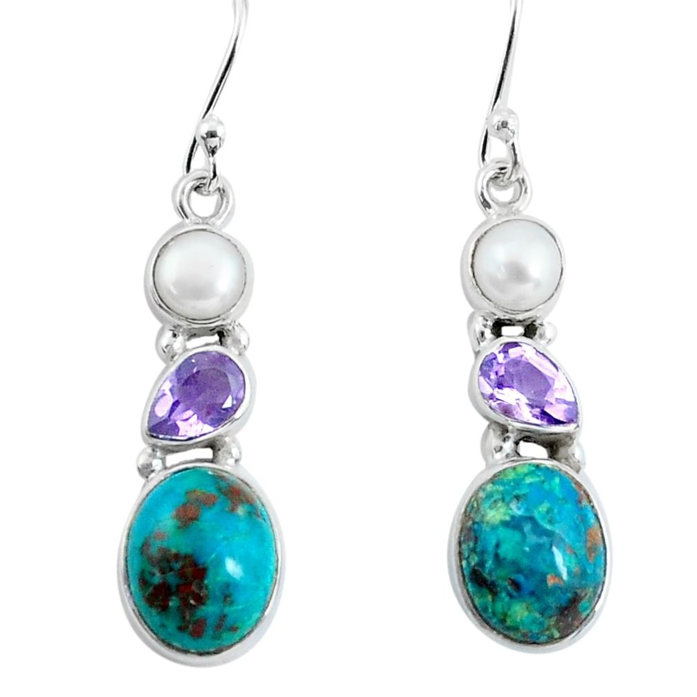 9.98cts natural green chrysocolla amethyst pearl 925 silver earrings p57332