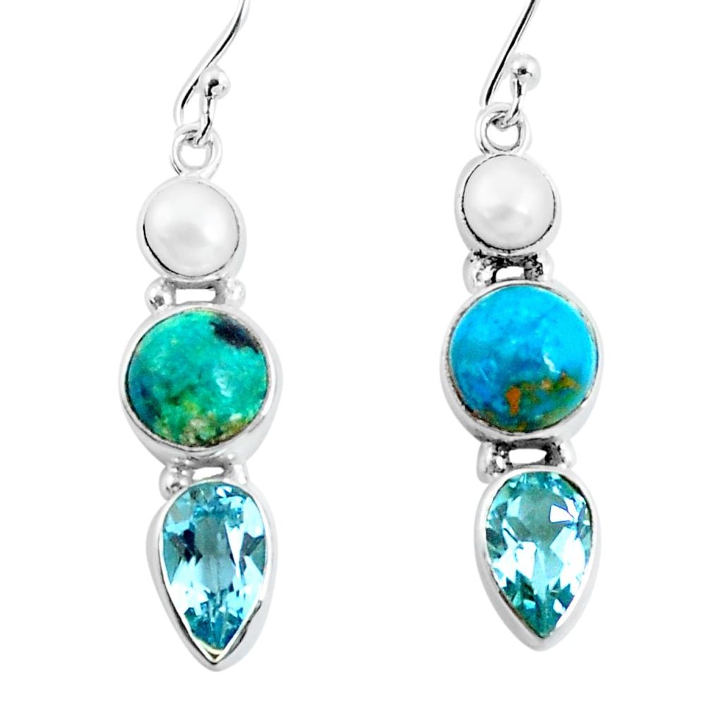 11.66cts natural green chrysocolla topaz pearl 925 silver dangle earrings p57339