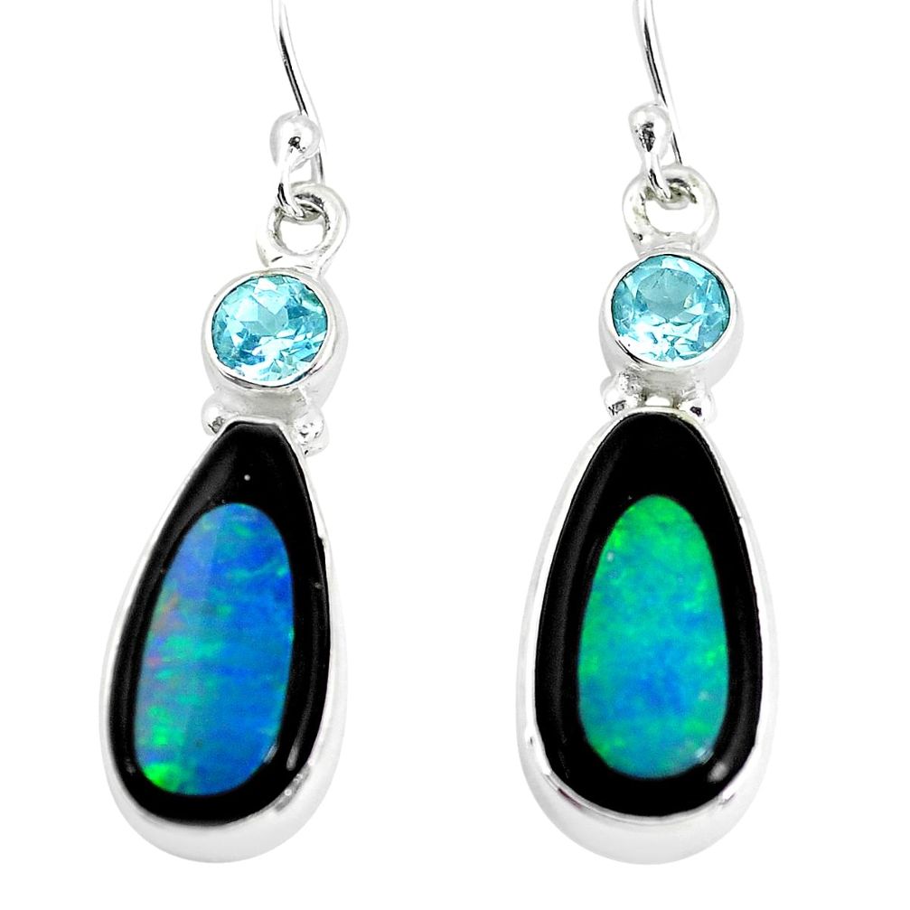 11.66cts natural green doublet opal in onyx 925 silver dangle earrings p64608