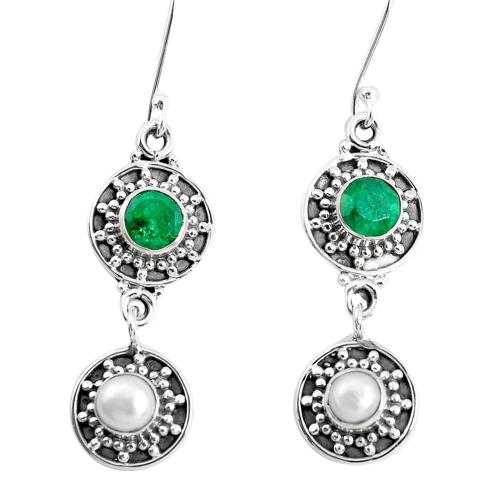 4.82cts natural green emerald pearl 925 sterling silver dangle earrings p51557