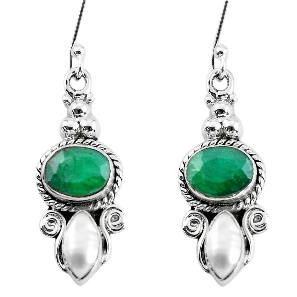7.89cts natural green emerald pearl 925 sterling silver dangle earrings p58341