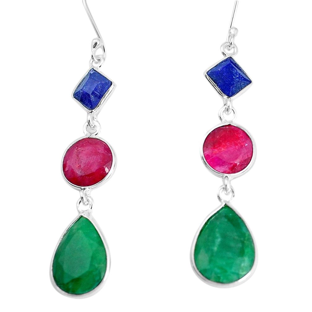 17.96cts natural green emerald ruby sapphire 925 silver dangle earrings p34741